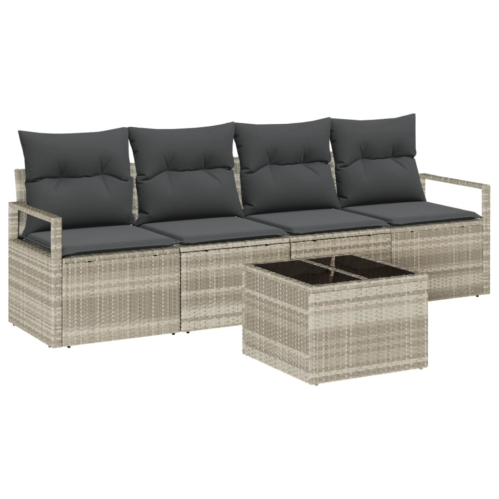Set Divano da Giardino  da 5 Pezzi con Cuscini Grigio Chiaro Polyrattan
