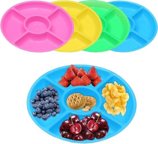 Pacco di 4 piatti per snack, piatti per snack con contenitori, 5 contenitori, piatto per snack in plastica riciclabile, contenitore per snack rotondo per frutta, noci, caramelle, frutta secca