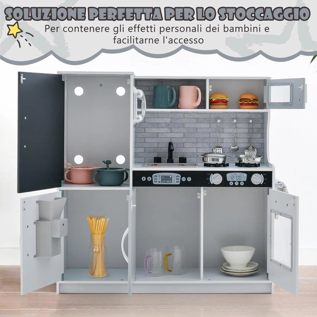 Cucina Giocattolo per Bambini, Cucina Legno per Bambini con Lavagna, Telefono, Microonde e Macchina per Ghiaccio, con Accessori e Suoni Realistici, per Bambini 3-6 Anni (Bianco)