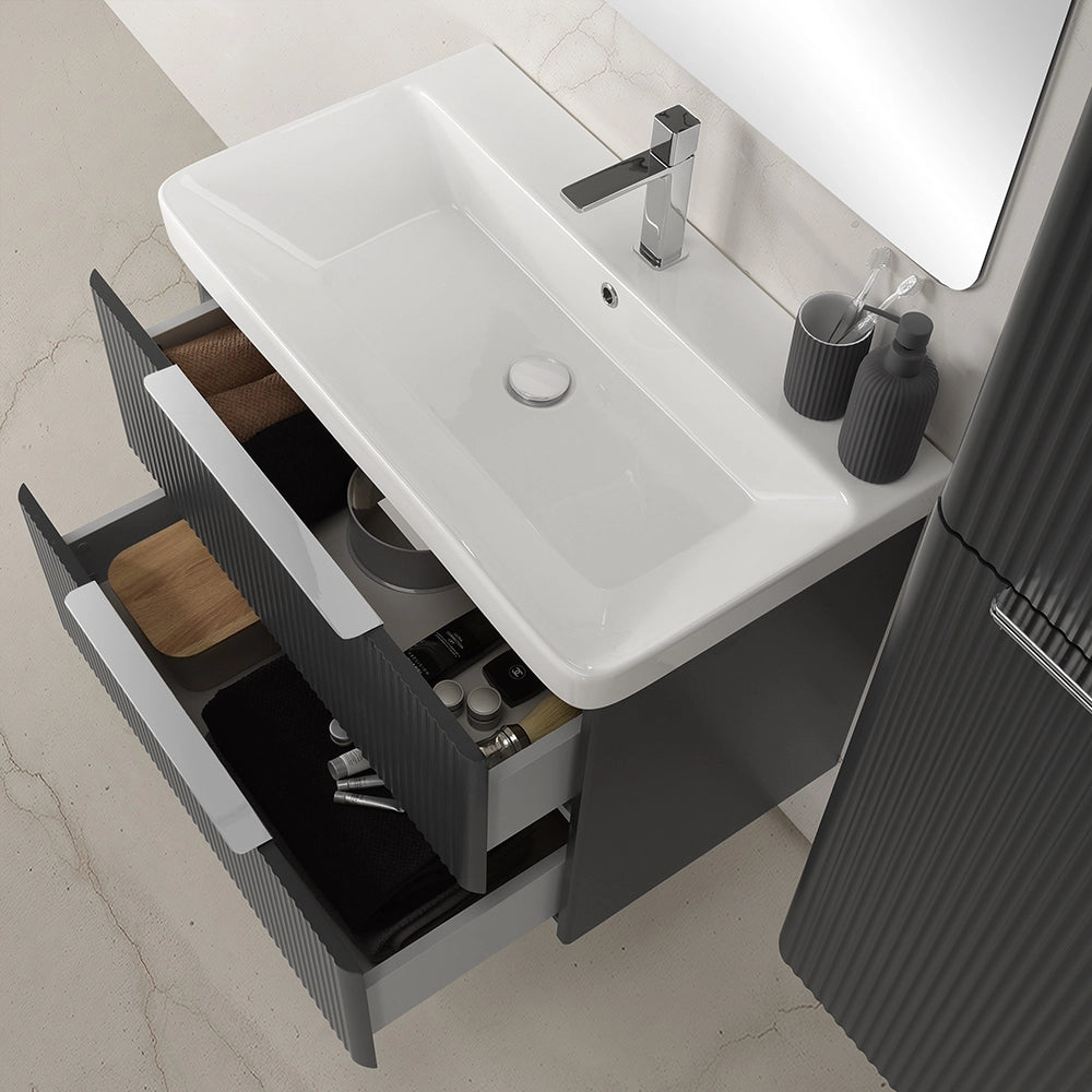 Mobile bagno sospeso 80cm antracite cannettato con cassetti, specchio e lavabo Mia