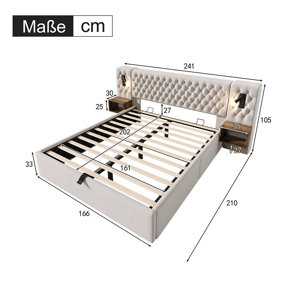 Letto con contenitore idraulico 160x200 cm - Xylo - Velluto Beige con comodini, luce lettura e USB