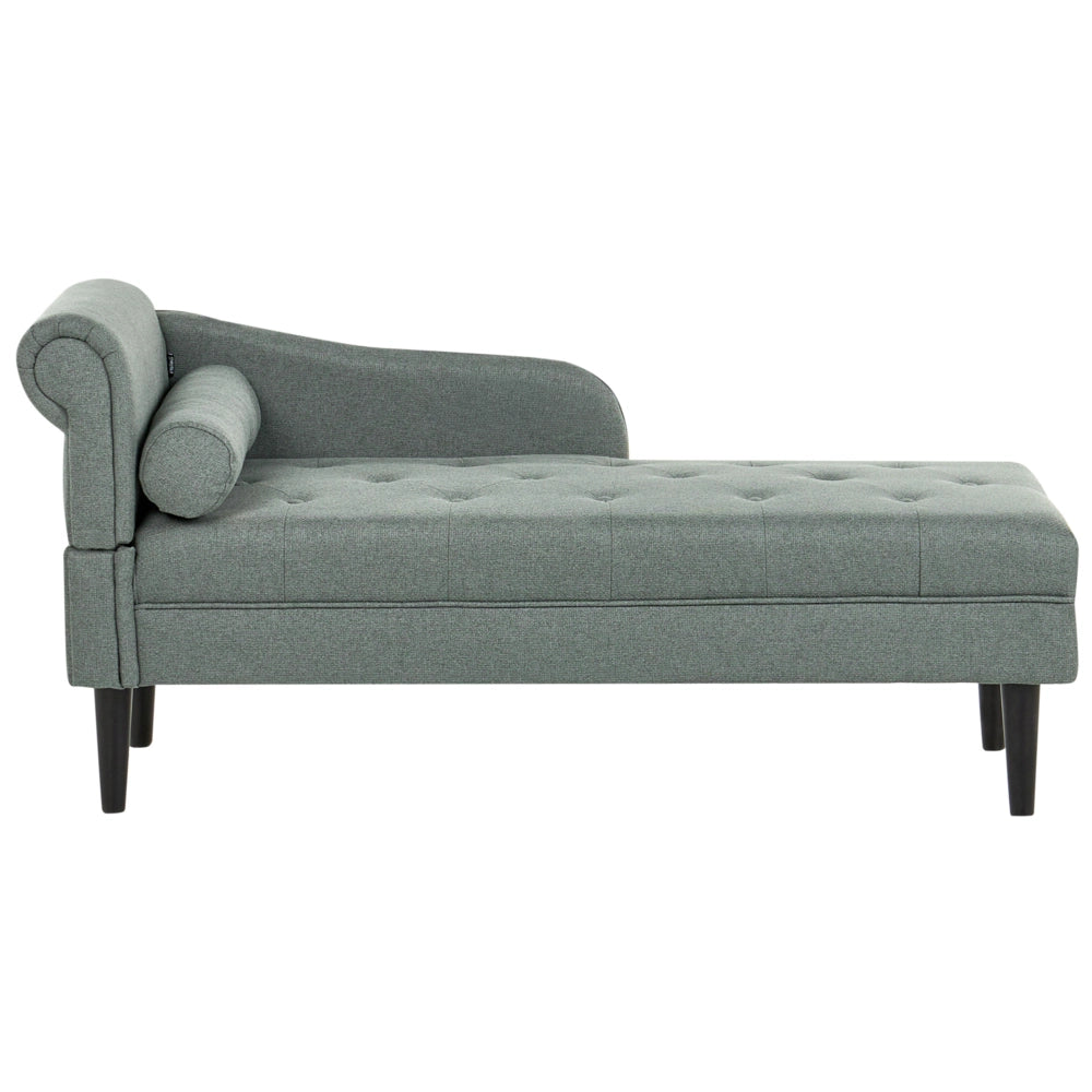 Chaise longue sinistra in tessuto verde imbottita con cuscino facile da pulire, gambe in legno, soggiorno moderno