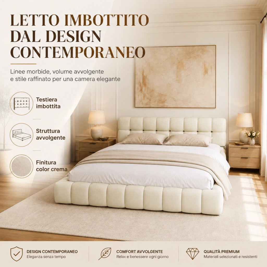 Letto matrimoniale imbottito lino beige 160x200 cm, testiera morbida a pannelli, struttura robusta, design moderno per camera da letto