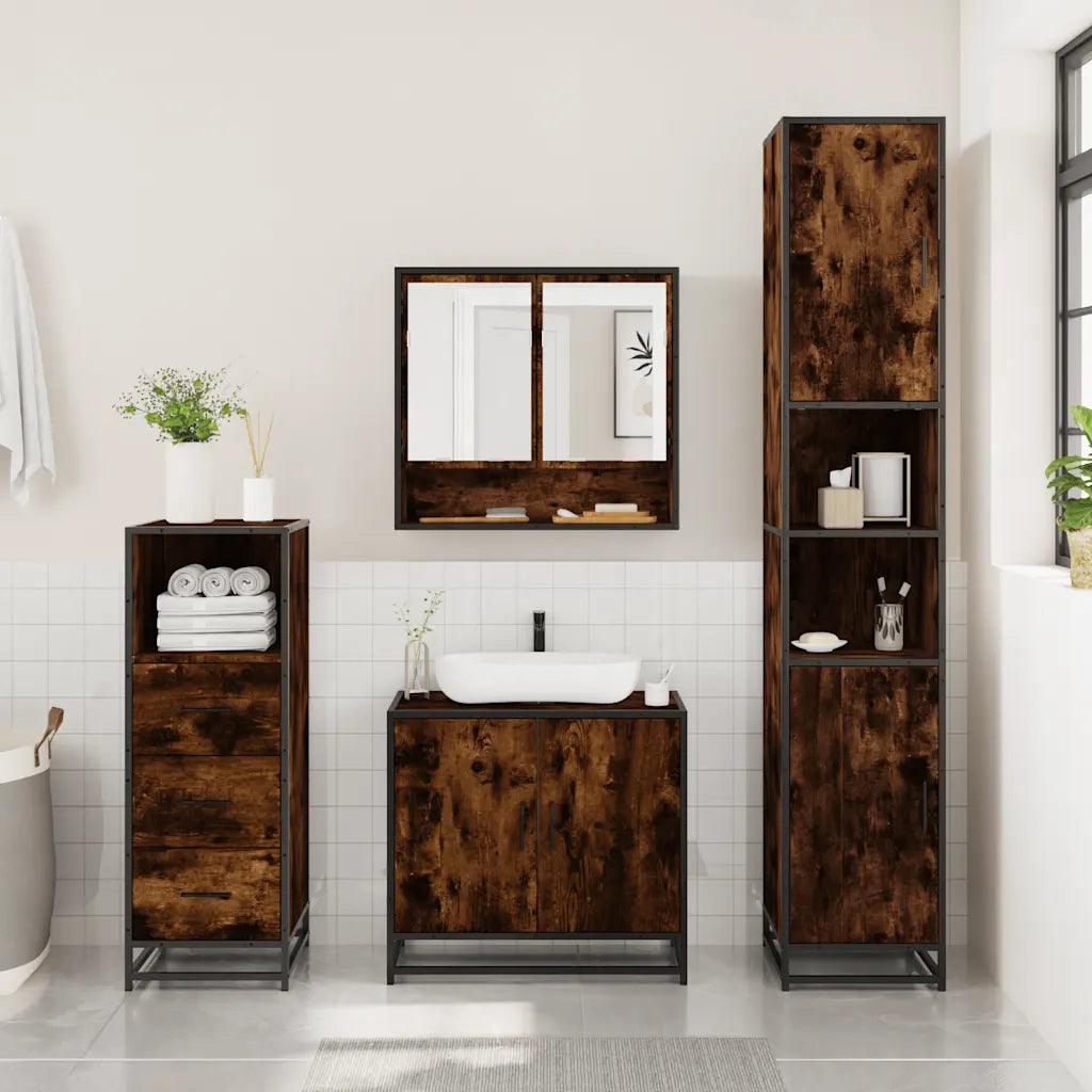 Set Mobili da Bagno | Armadio da bagno 3 pz Rovere Fumo in Legno Multistrato