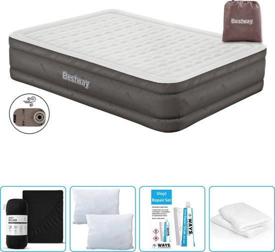 Letto a aria 2 posti - 152 x 203 x 46 cm - Marrone - Inclusa pompa - Telo di protezione - Cuscino - Cuscino protettore e Kit di riparazione