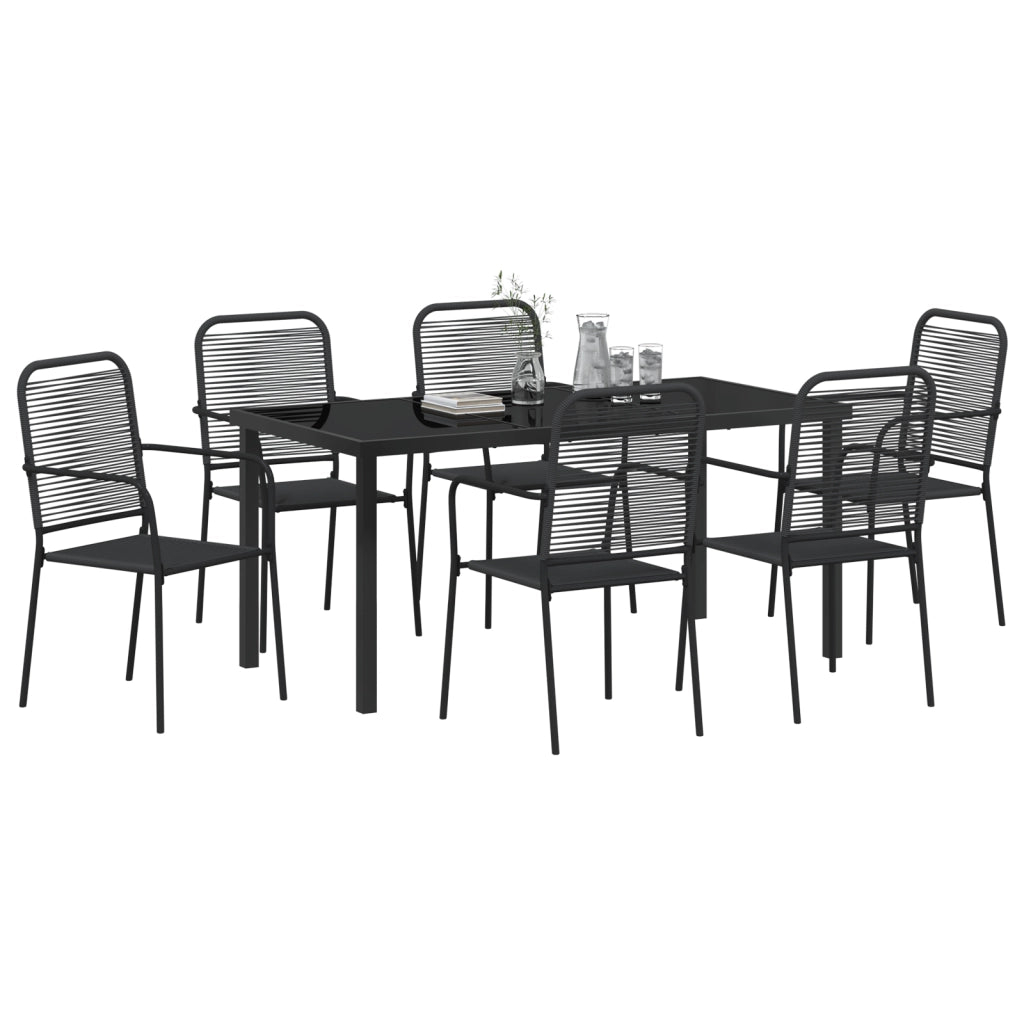 Set da pranzo da giardino 7 pezzi Nero Corda di cotone e acciaio