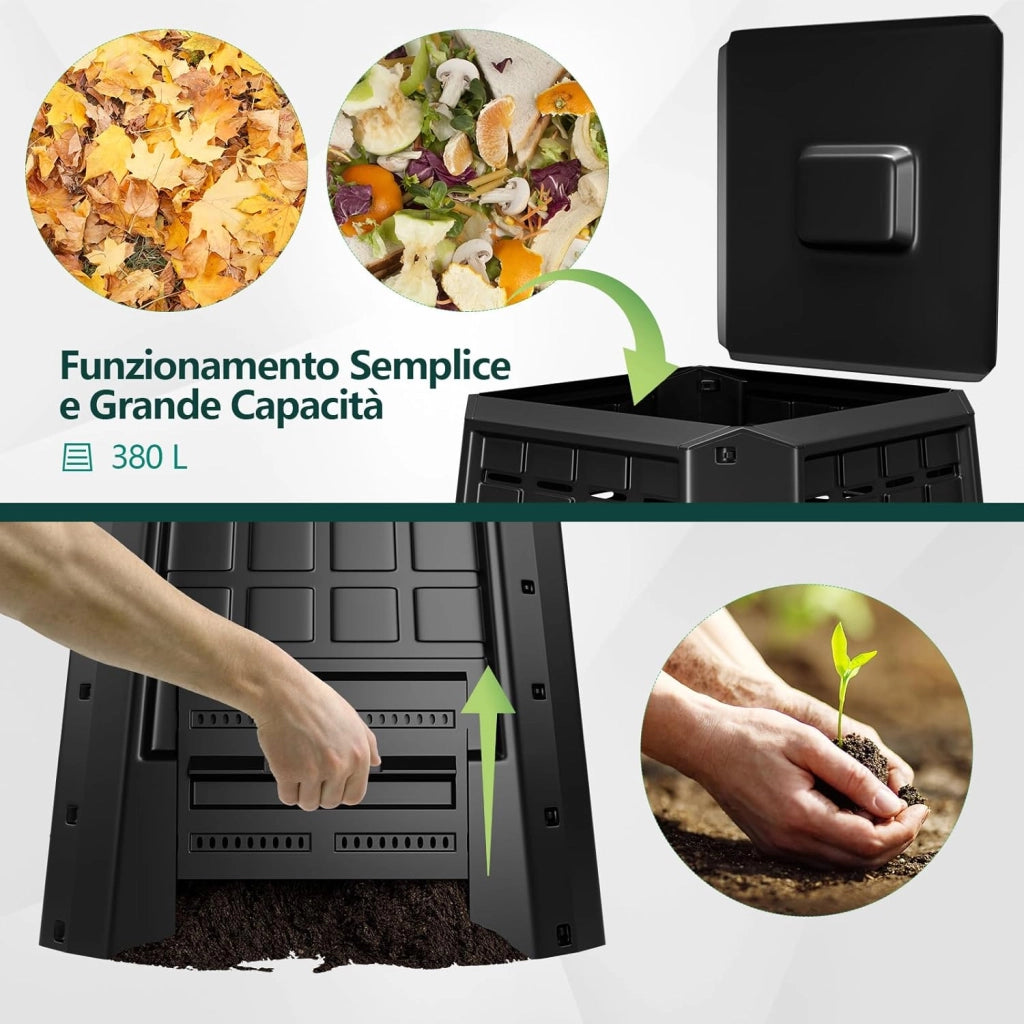 Compostiera da Giardino da 380L, Bidone per Compostaggio da Esterno con Coperchio e Prese d'Aria Regolabili, Barile per Compost per Creare Terreno Fertile Velocemente