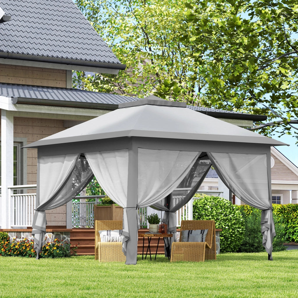 Gazebo pieghevole; gazebo da giardino; telone in metallo e tessuto; tende a rete; fori di drenaggio; 330L x 330L x 288H cm; grigio