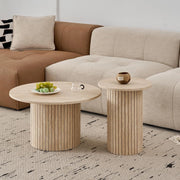 GrandCA HOME - Set di 2 Tavolini Rotondi da Caffè, Tavolino Rotondo da Divano, Piano in MDF con Base a Doghe in Legno, Ideale per Soggiorno e Ufficio (Travertino gialloe)