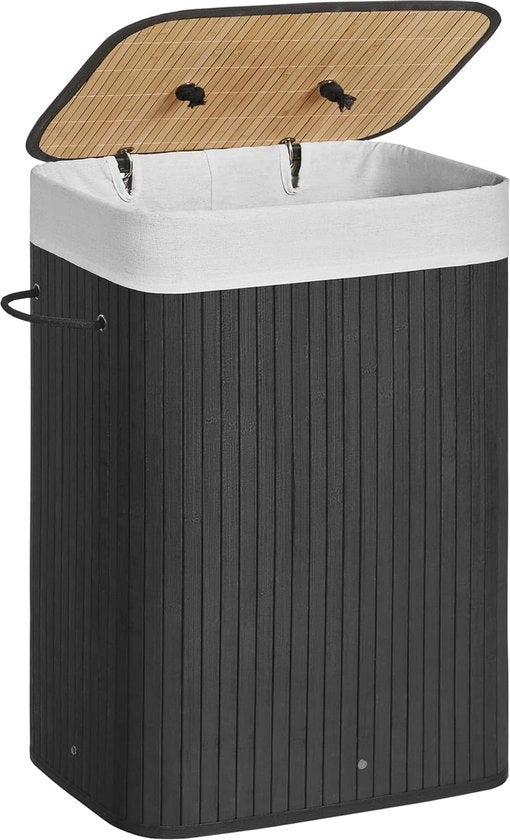 Wascarta in bambù, vasca da lavaggio pieghevole con coperchio e sacchetto di lavaggio rimovibile in cotone, contenitore da lavaggio da 72 L, 40 x 30 x 60 cm, nero LCB10B