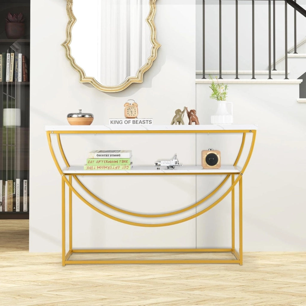 Tavolo console a 2 ripiani con piano in marmo finto-Tavolo da divano extra lungo con struttura in metallo resistente Bianco + Oro
