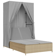 Lettino Prendisole | Sdraio da giardino | Lettino da sole con Tetto e Tende Beige in Polyrattan