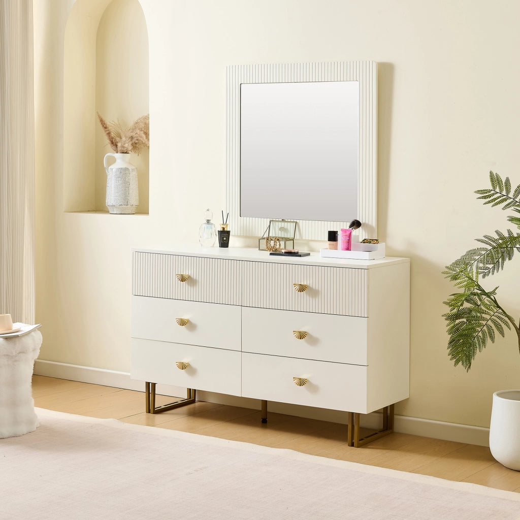 Set di Mobili da Soggiorno con 1 Credenza 6 Cassetti e 1 Specchio da Parete Quadrato; Contenimento; per Ingresso e Camera; MDF; Bianco