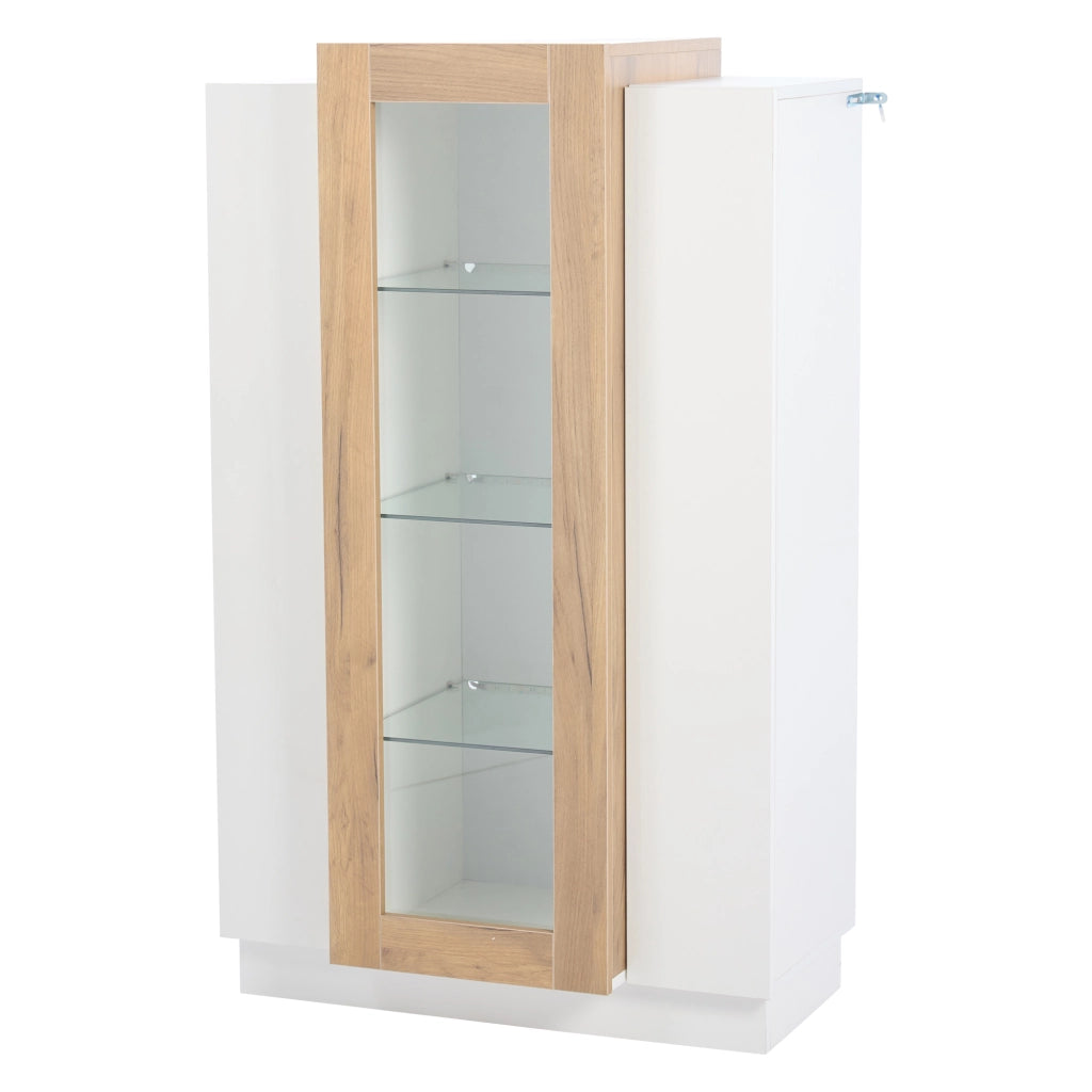 Vetrina soggiorno 74x40x120 cm con 3 ante, LED controllabile via app, struttura in truciolare e finitura bianco/effetto legno