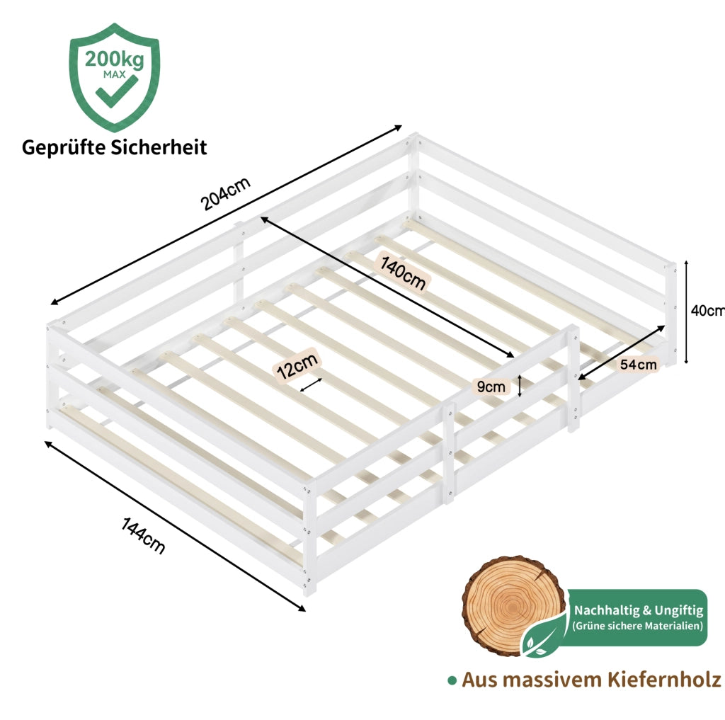 Letto Montessori per bambini in legno di pino con sponde su 4 lati 140x200 cm bianco