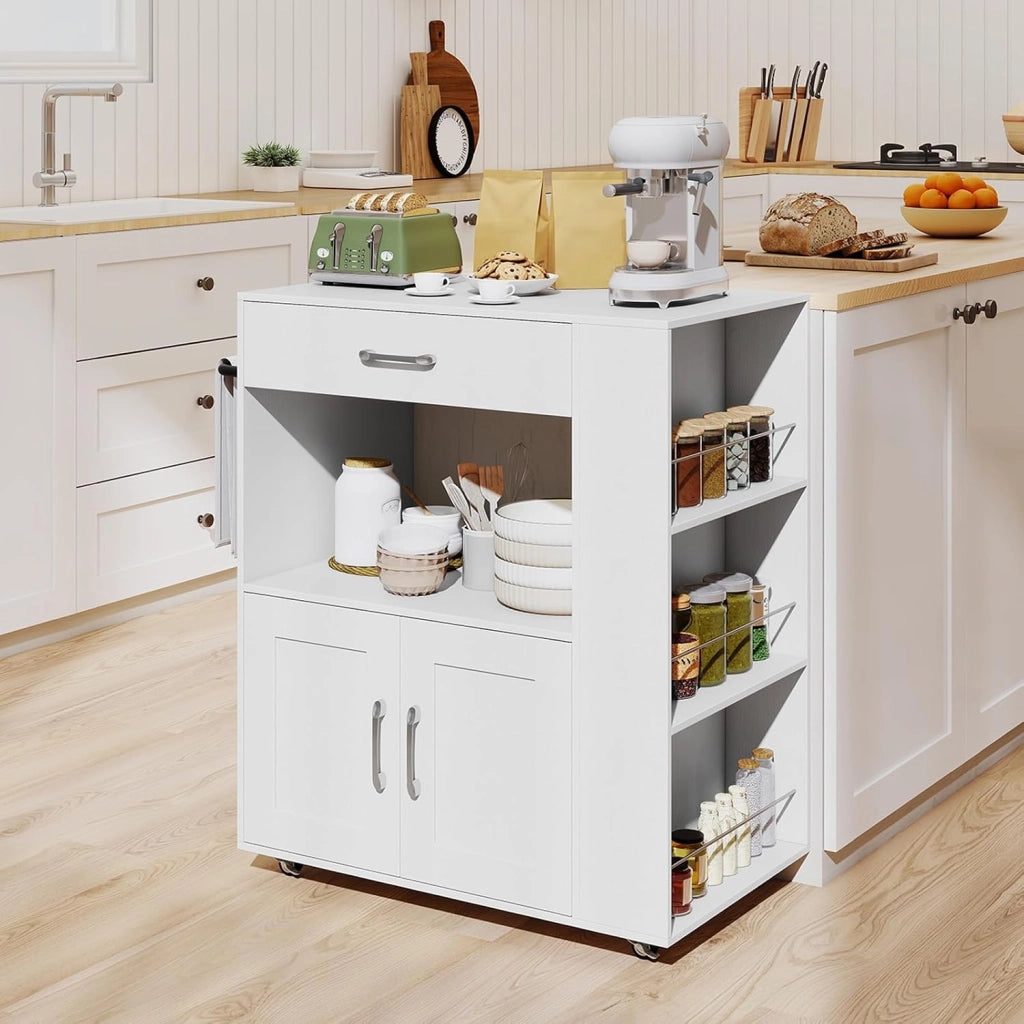 Carrello da Cucina con Ruote, Isola da Cucina con 3 Portaspezie 1 Cassetto Armadietto a 2 Porte, Carrello Portaoggetti con Portasciugamani, 82x46x92 cm (Bianco+bianco)