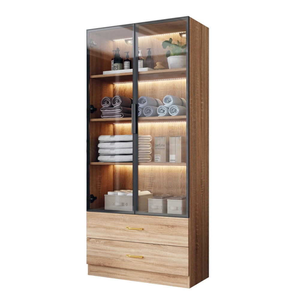 Armadio bagno 75 cm in MDF marrone con luce, 2 cassetti e ante in vetro