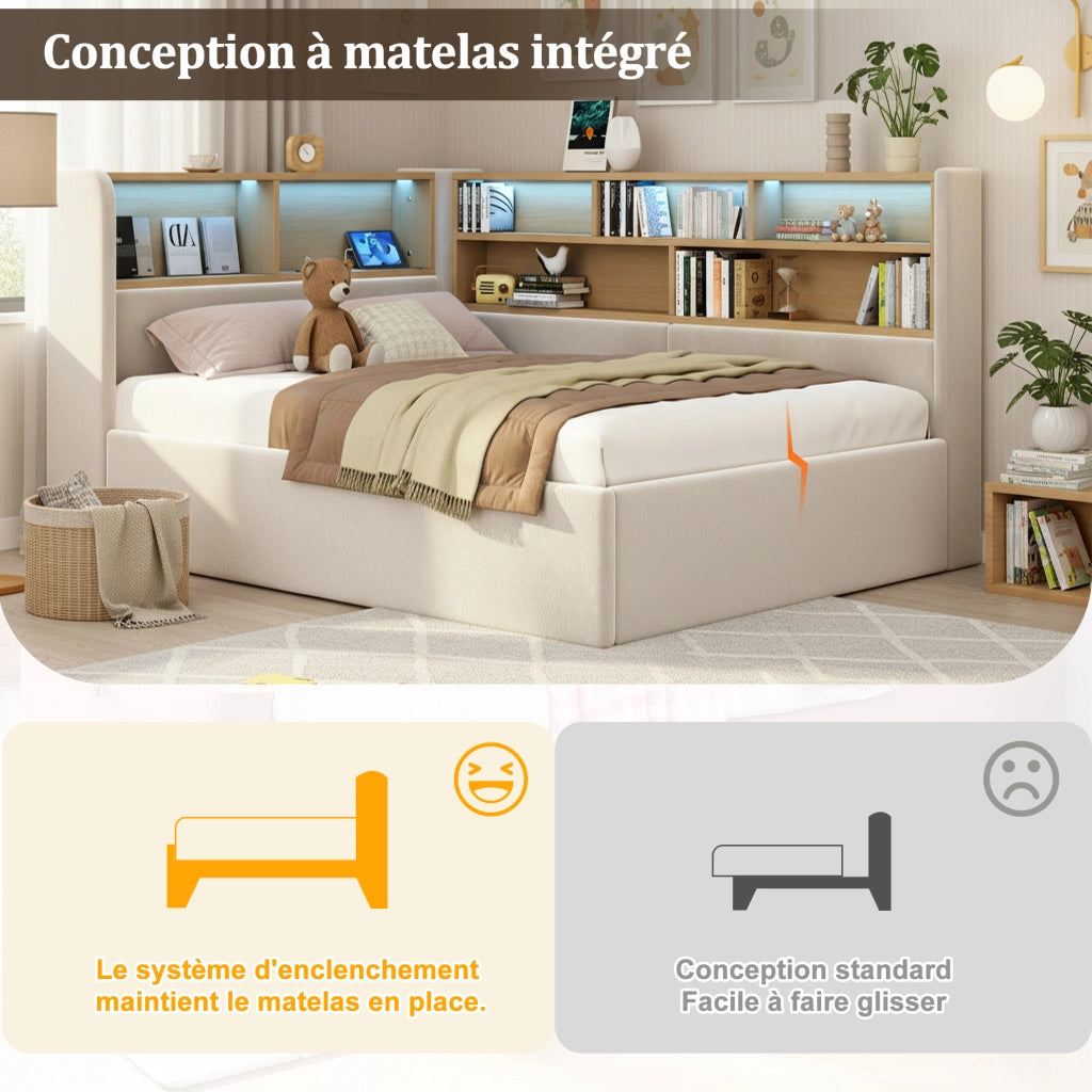 Letto Singolo 90x200 cm Contenitore; LED; USB e Type-C; Velluto Beige