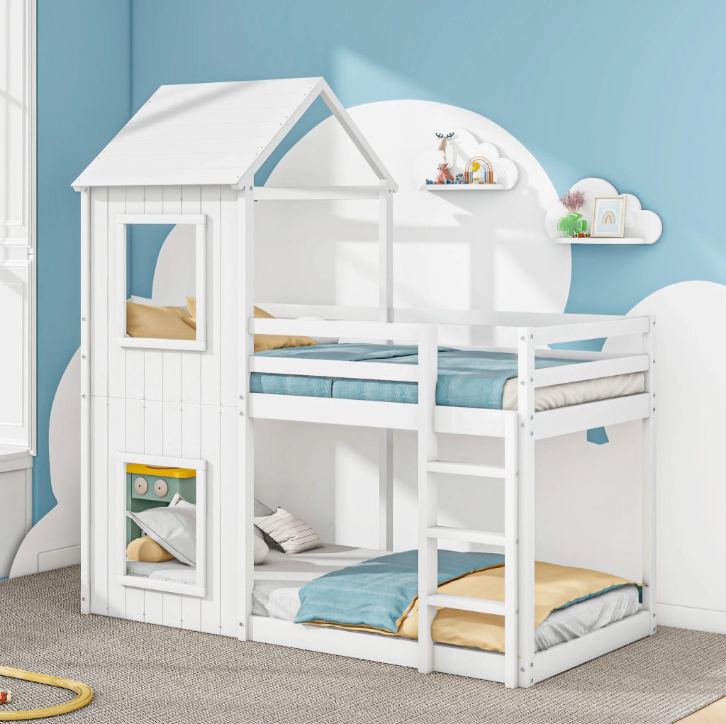 Etagenbett per bambini 90x200 cm in pino e MDF; bianco; design casetta