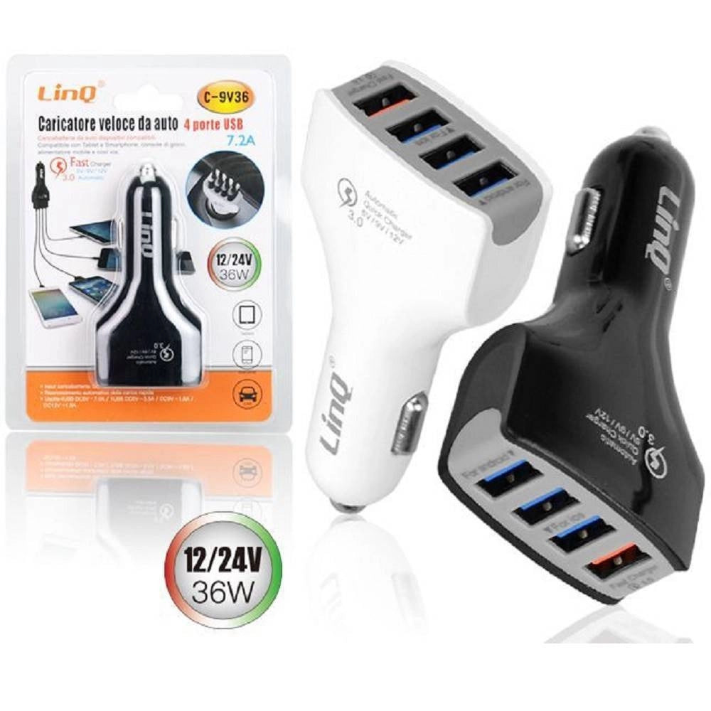 Trade Shop - Caricabatteria Da Auto Ricarica Veloce 4 Porte Usb 5v 9v 12v 24v 7.2a 36w C-9v36 -