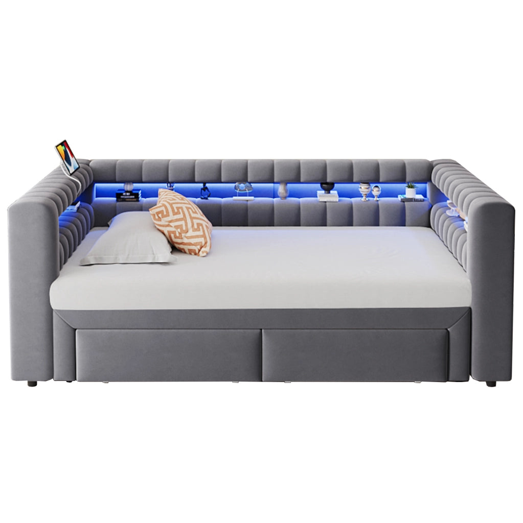 Divano letto estraibile 90x190/180x190 cm con cassetti; LED e USB-C in velluto grigio scuro