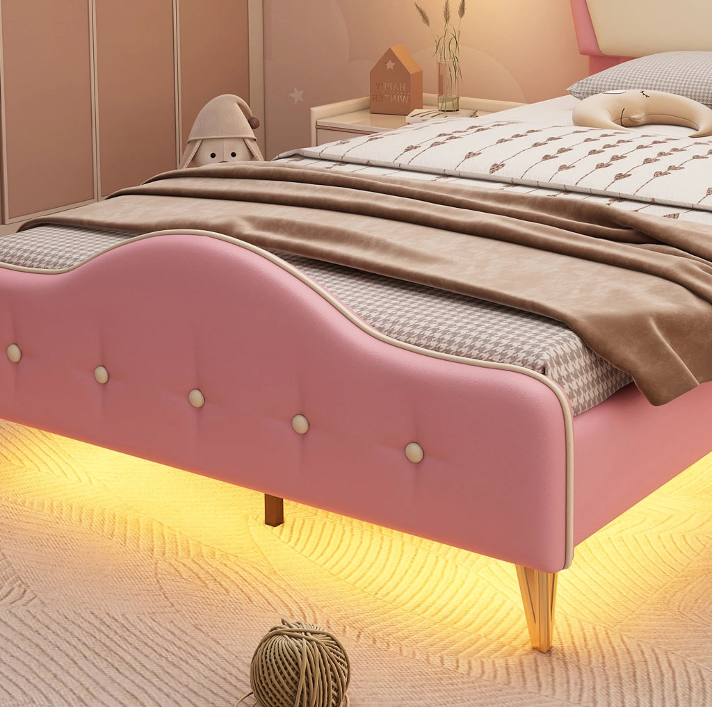 Letto singolo per bambini 90x200 in PU rosa e bianco， corona， LED， senza materasso