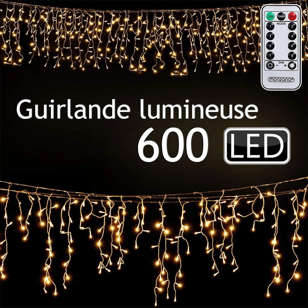 Deuba Luci Natale Balcone Esterno Interno 600 LED Bianco Caldo Telecomando 8 Modalità Timer Dimmerabile Lucine Natalizie a Cascata