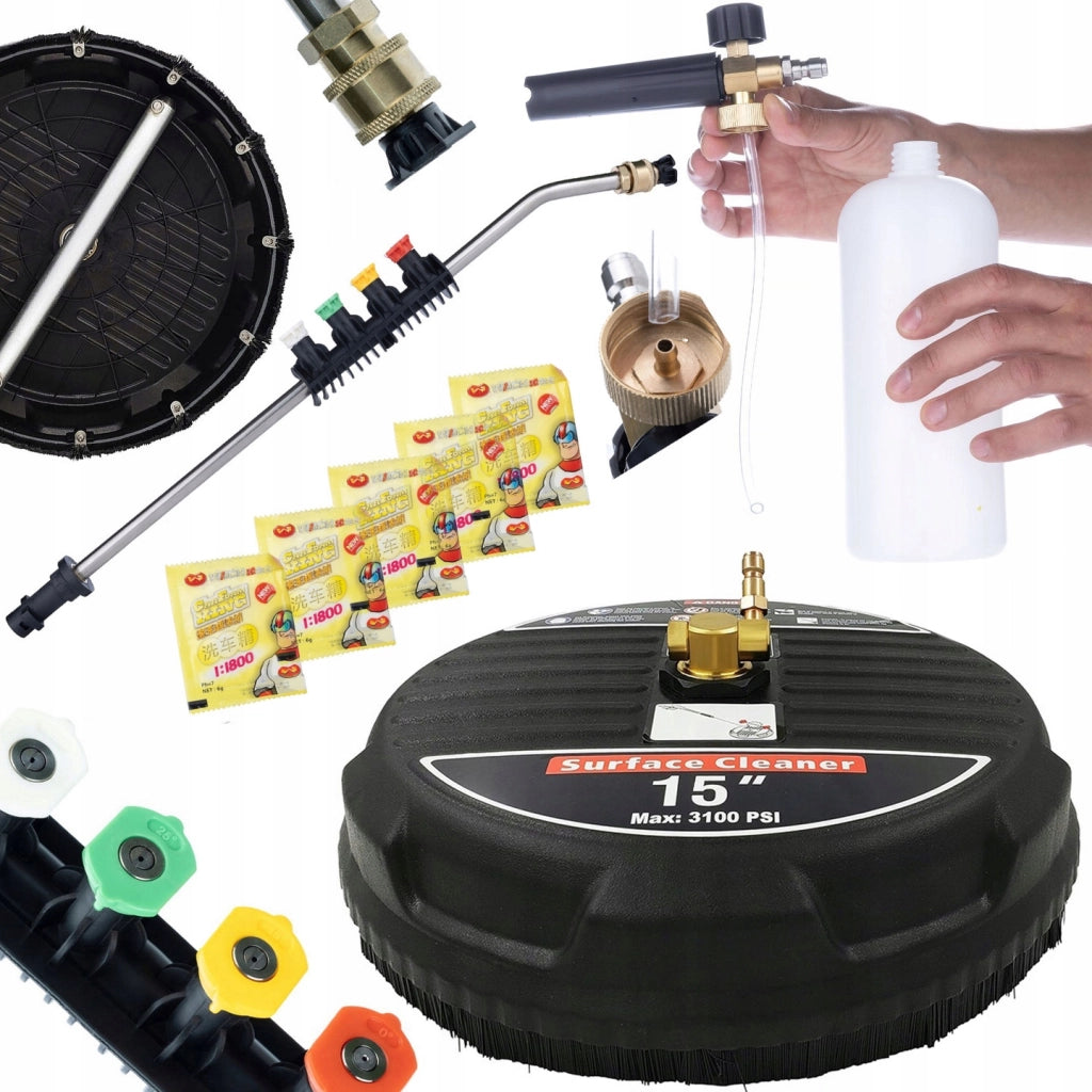 Set di Accessori per Idropulitrice – Spazzola T-Racer 15", Lancia 1/4" con 5 Ugelli, Schiumogeno 1000ml