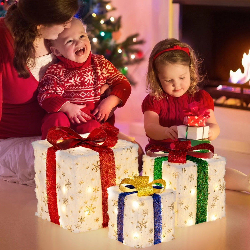Set di 3 scatole regalo illuminate per Natale, Decorazione natalizia pre-illuminata con 48 luci calde e luminose-Decorazioni natalizie