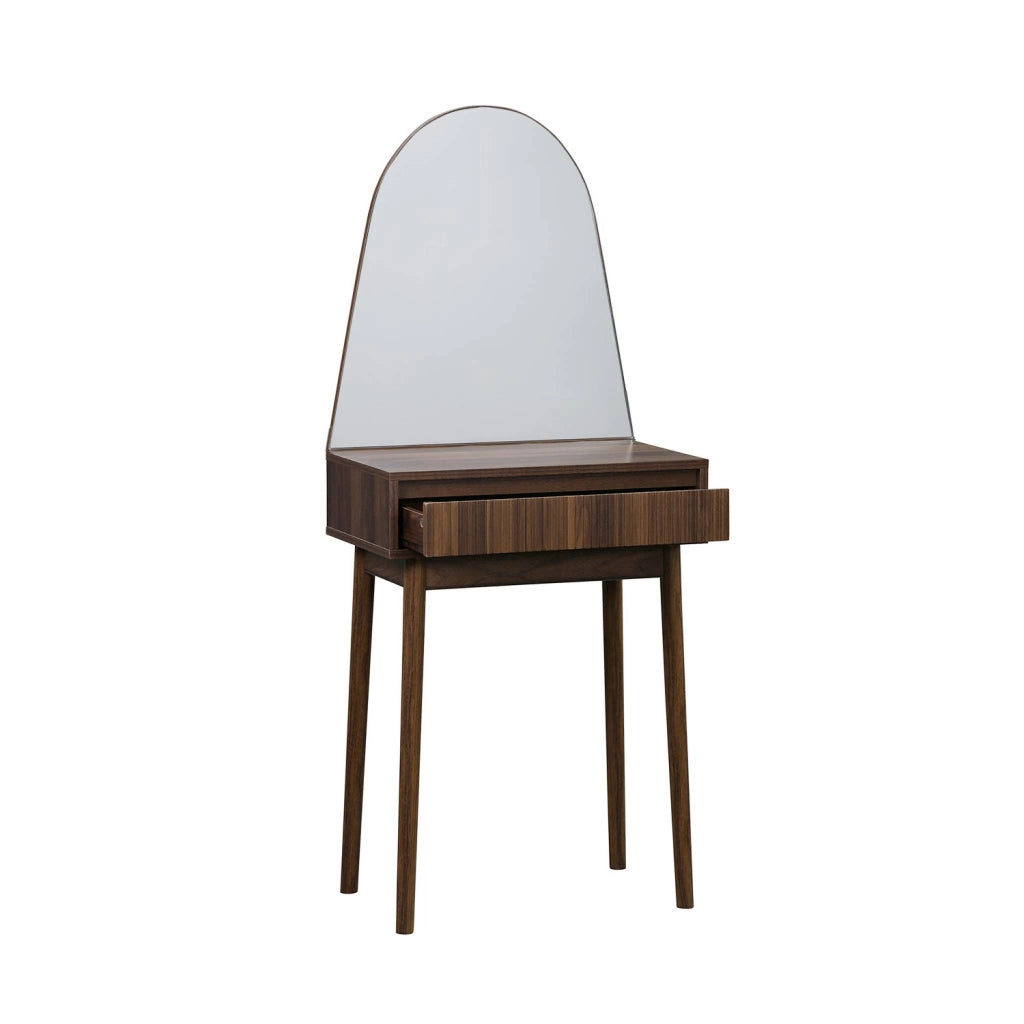 Toeletta trucco decorato in legno, specchio rotondo e 1 cassetto,