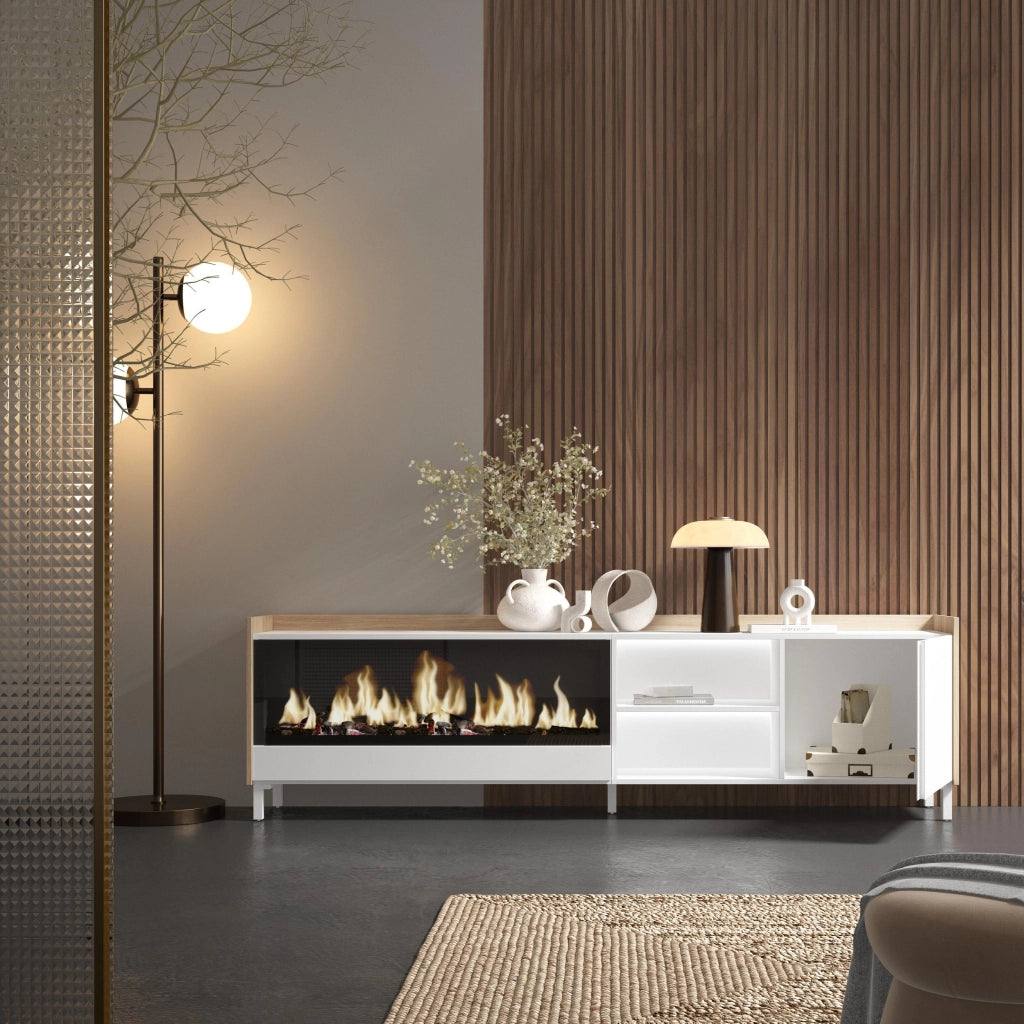 Mobile TV Soggiorno, 212x61x35 cm, Per TV fino a 80", Camino elettrico XXL, Design industriale, LED, Bianco e Rovere soft