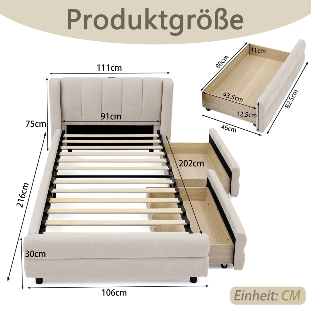 Letto singolo in Chenille beige 90x200 vani laterali USB ergonomico