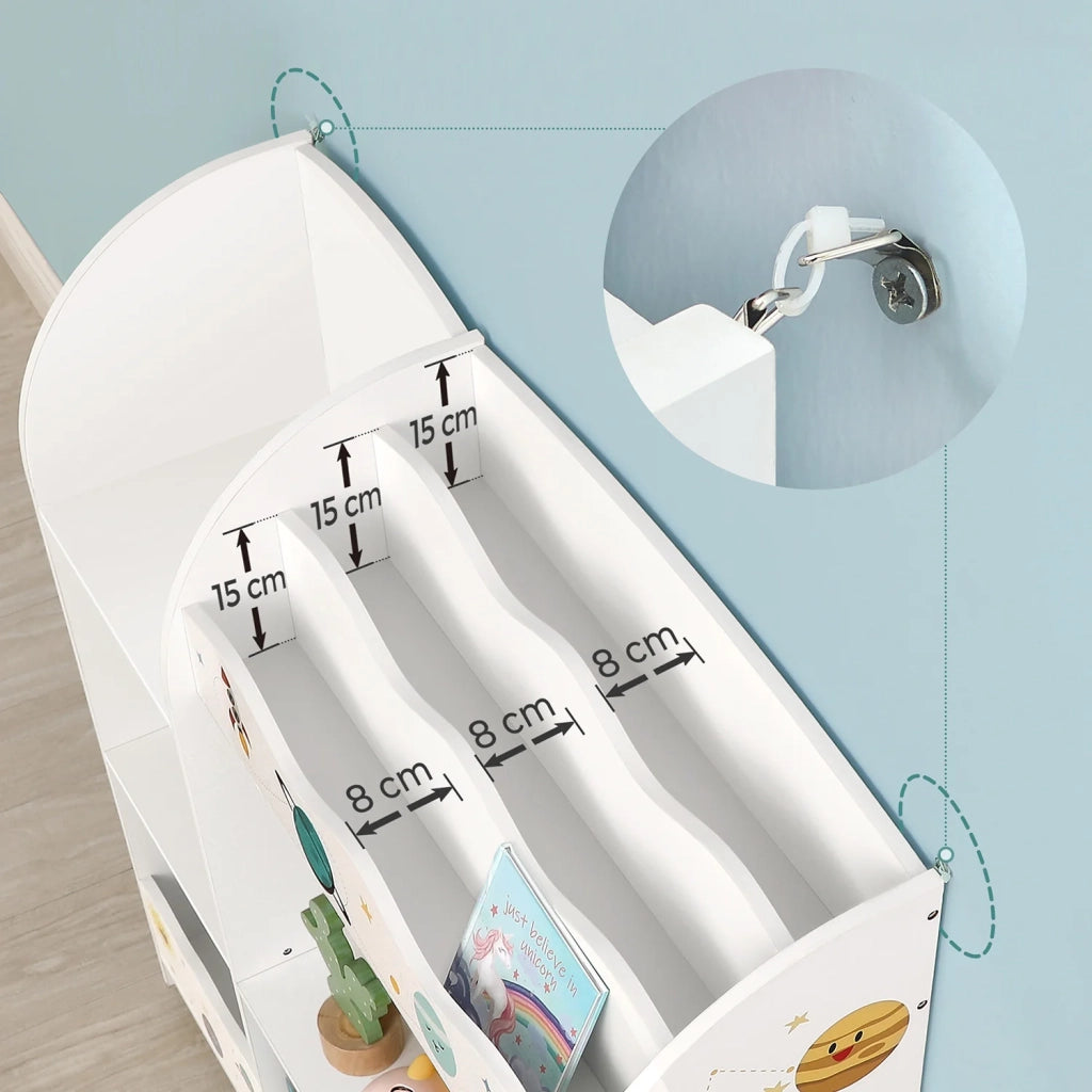 Scaffale portaoggetti per giocattoli e libri 93 x 30 x 100 cm mobiletto multifunzionale con 2 cassetti in tessuto tema pianeta per sala giochi cameretta dei bambini soggiorno bianco 12_0005725