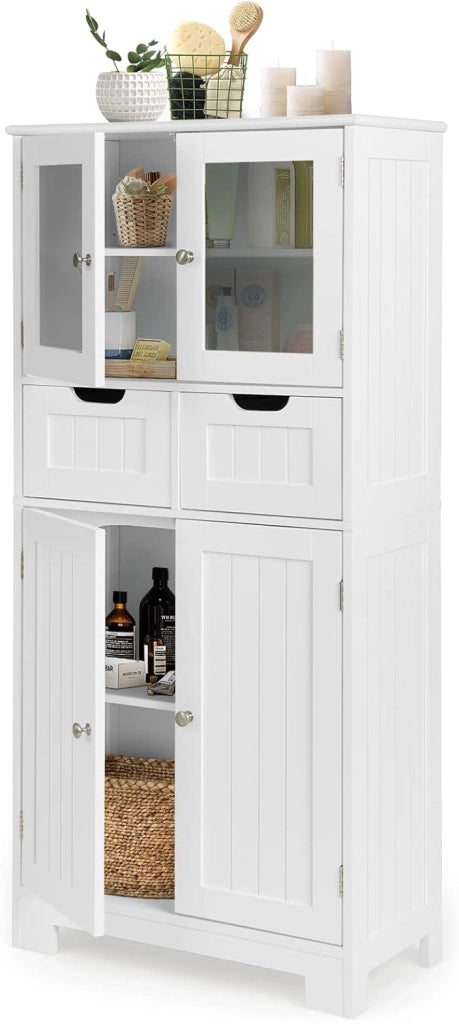 Mobile Bagno con 4 Ante + 2 Cassetti, Armadietto Multifunzione Salvaspazio 60x30x128cm, Design Modulare per Casa, Toilette e Cucina, 2 Colori Scelta & Facile Pulizia