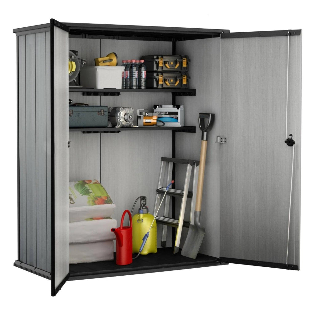 Armadio da esterno Digby, Mobile outdoor, Mobiletto giardino multiuso, Contenitore per balcone o garage, 140x74 h170 cm, Grigio