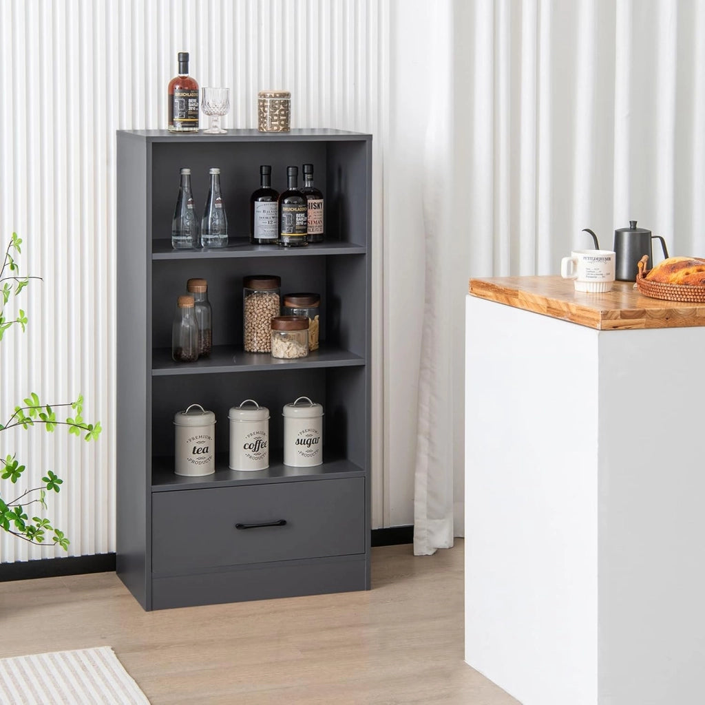 Libreria in Legno con Cassetto, Scaffale di Stoccaggio a 4 Livelli, Scaffale Espositivo per Casa Studio e Soggiorno, 60 x 38 x 120 cm (Grigio)