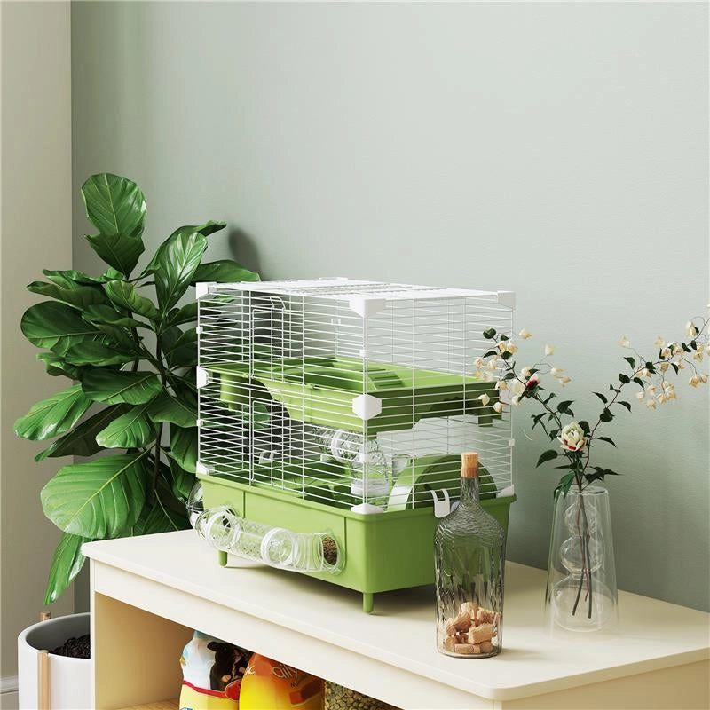 GABBIA PER CRICETI A 2 LIVELLI E 3 PORTE CON RUOTA E TUBI IN ACCIAIO PS E PP 44.5X28X44 CM VERDE E BIANCO