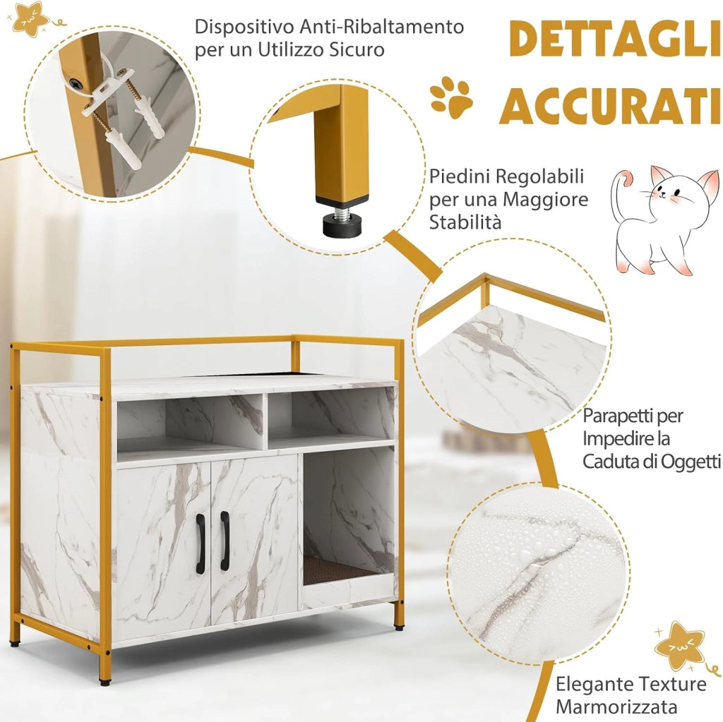Mobile per Lettiera Gatti con Ripiani Aperti e Ripiani Chiusi con Maniglie, Mobiletto Multiuso in Legno e Metallo, Ideale per Ingresso e Soggiorno, Portata 50 kg (Bianco+Nero)