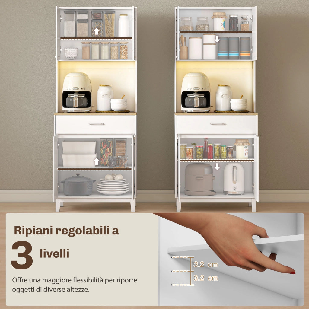 Credenza Moderna con Luci LED, Prese Elettriche e USB, 2 Armadietti e Cassetto, 71x40x180 cm, Bianco