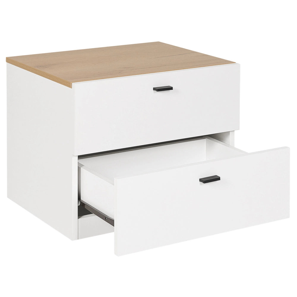 Comodino bianco con legno chiaro MDF 2 cassetti camera da letto scandinava
