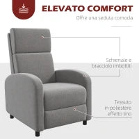 Poltrona Reclinabile 160° in Tessuto Effetto Lino con Braccioli Quadrati, 64x86x102 cm, Grigia