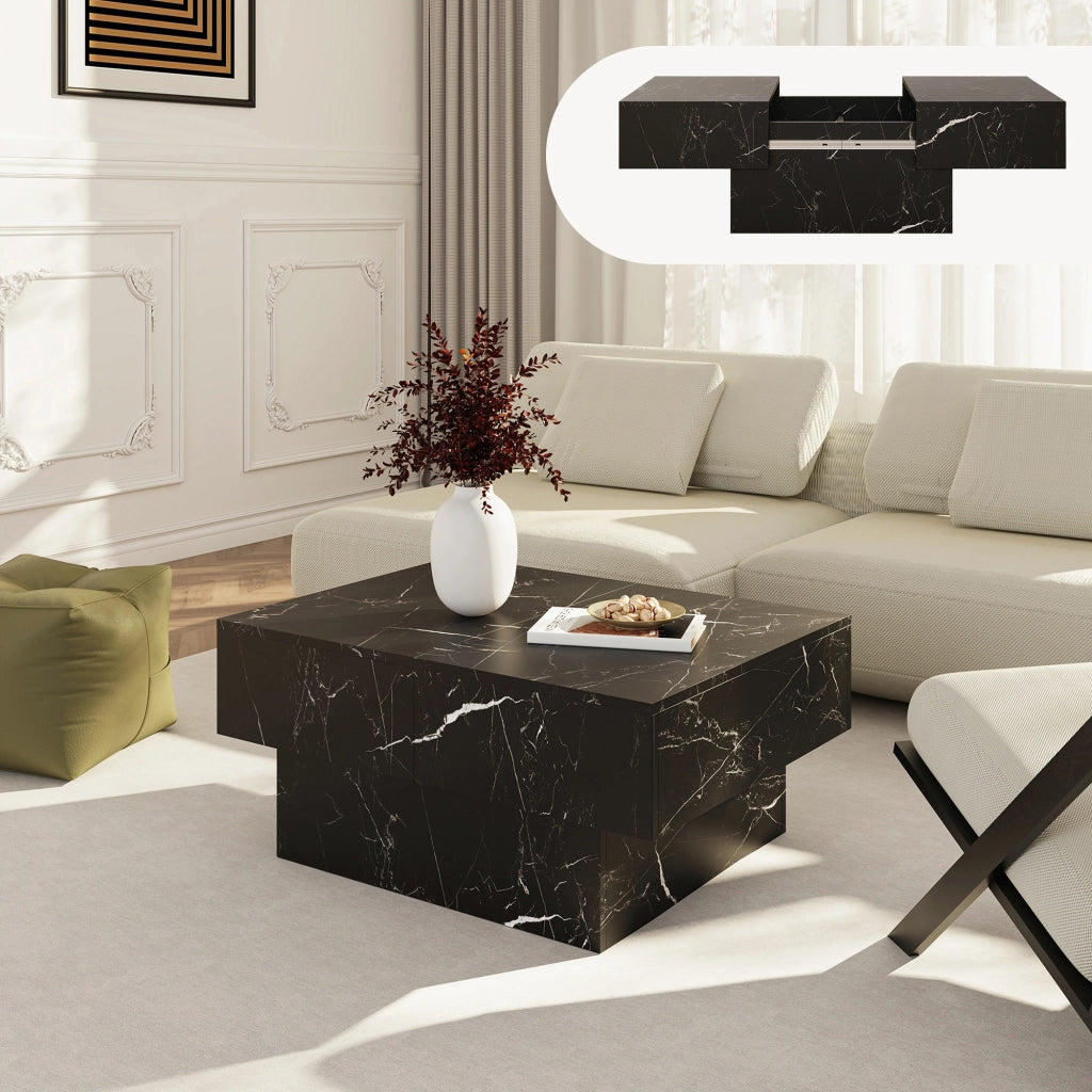 Tavolino Centrale Lens da Salotto con Piano Scorrevole 80 x 60 x 36 cm - Effetto Marmo Nero [en.casa]