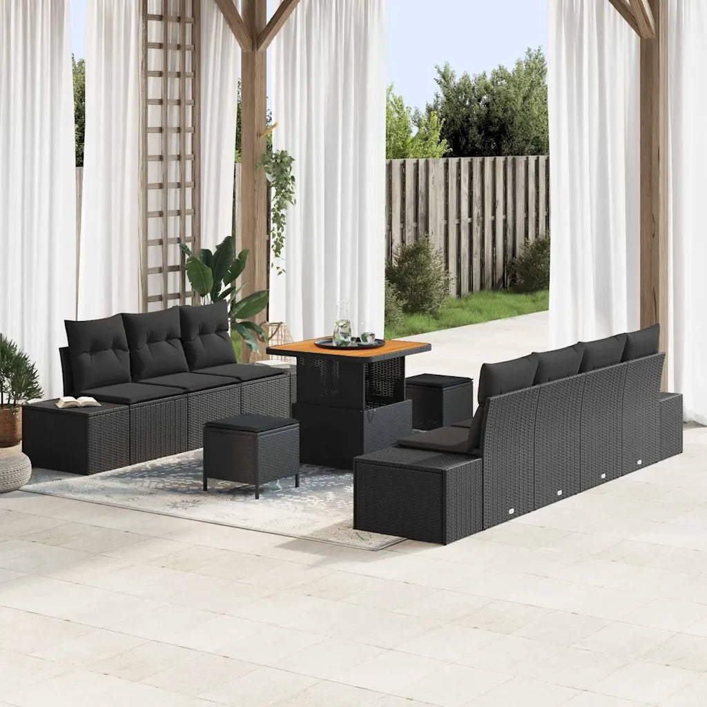 Set Divano da Giardino con cuscino 10 pcs Nero Poly Rattan