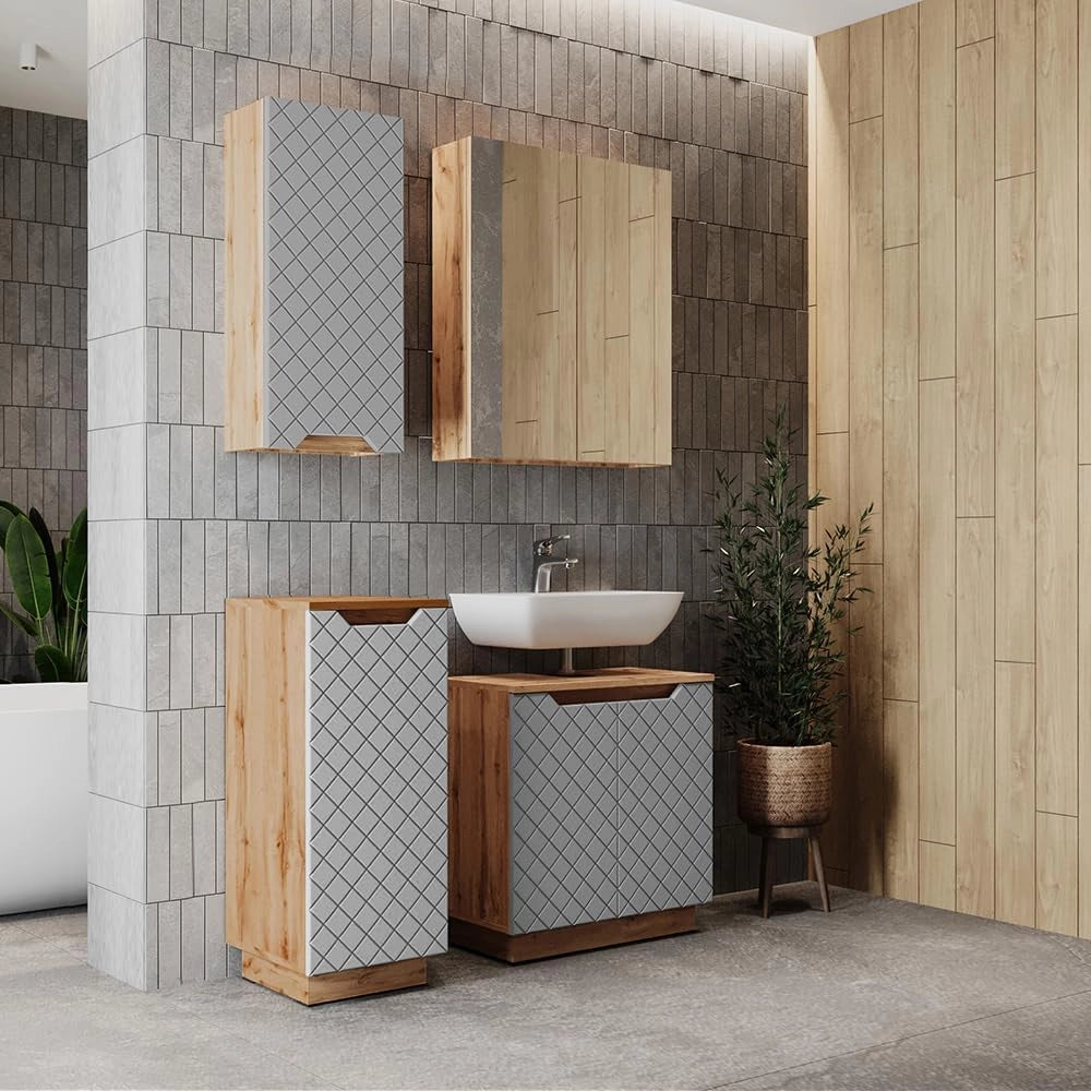 Set di mobili da bagno Lotta, Rovere/grigio con struttura in piastrelle, 4 parti