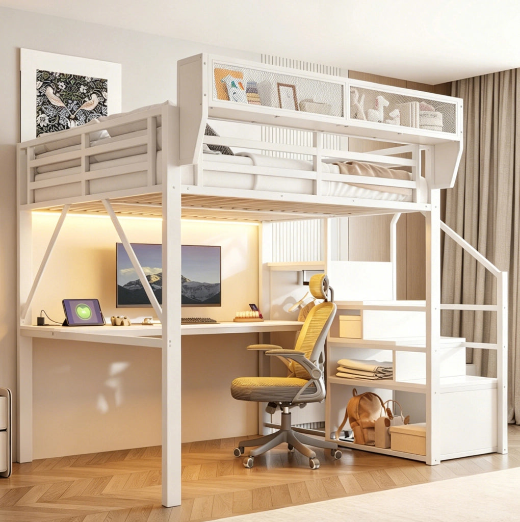 Letto a soppalco 140x200 cm in metallo bianco con scrivania; LED; scala e scaffale regolabile