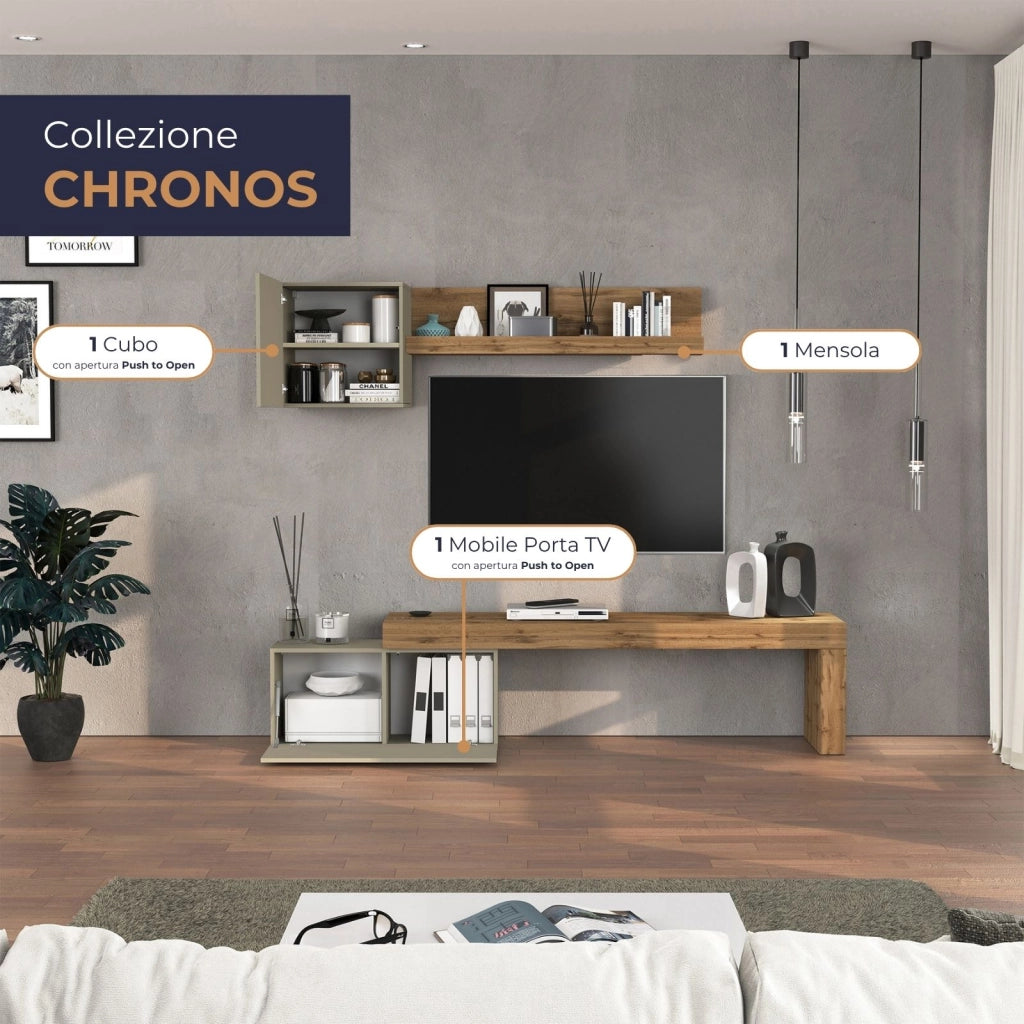 WHOUS Parete attrezzata Chronos set soggiorno tortora opaco e rovere 180/260x40 cm