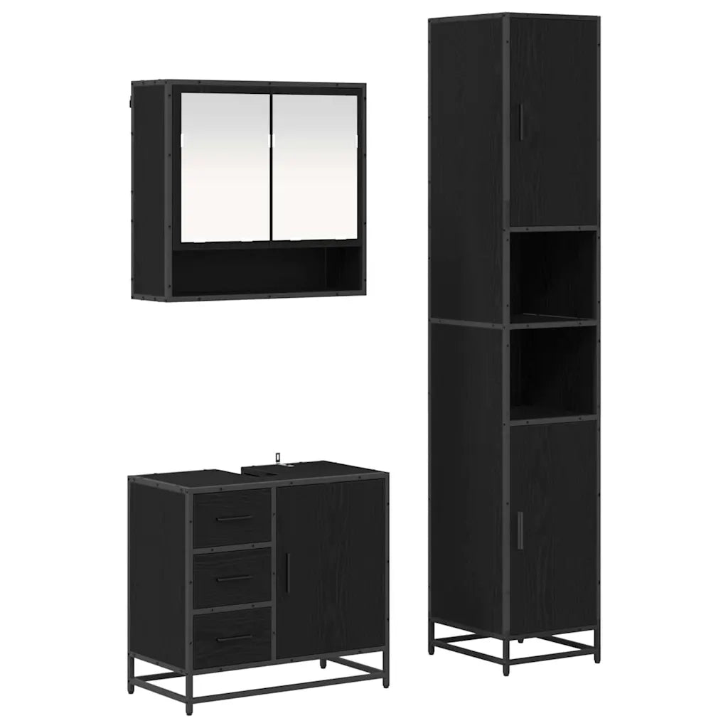Set di mobili per il Bagno | Armadio da bagno 3 pz Rovere Nero Legno multistrato