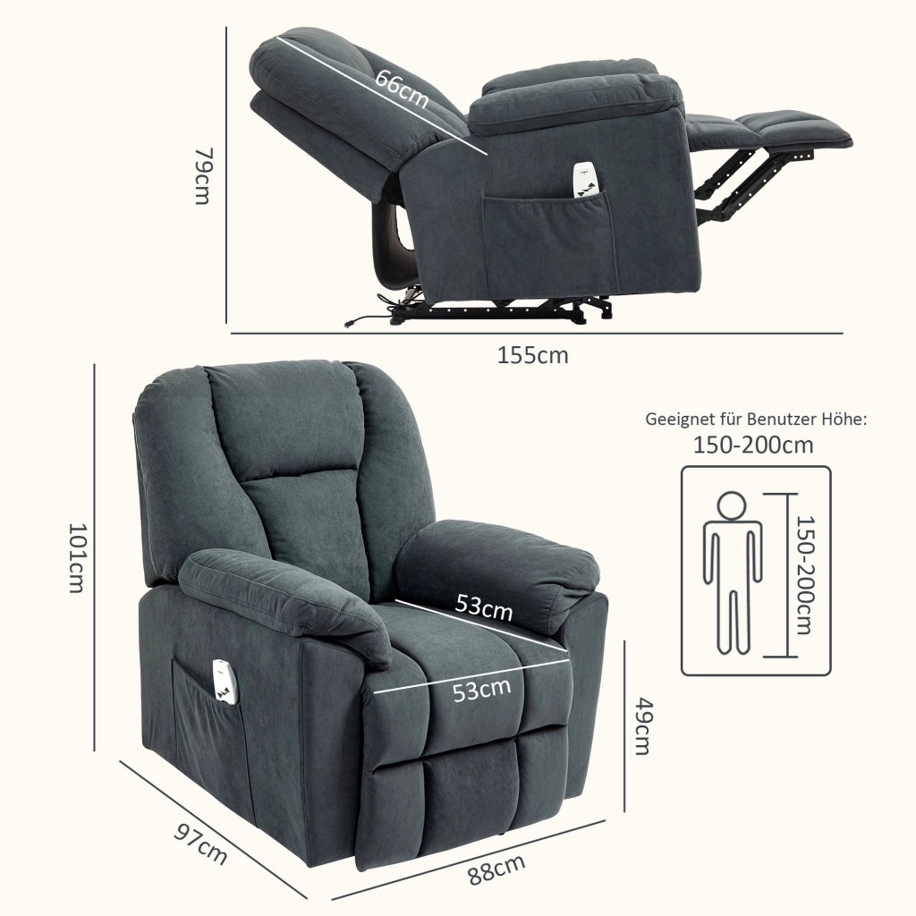 POLTRONA Relax elettrica reclinabile 135° con massaggio e calore Grigio scuro