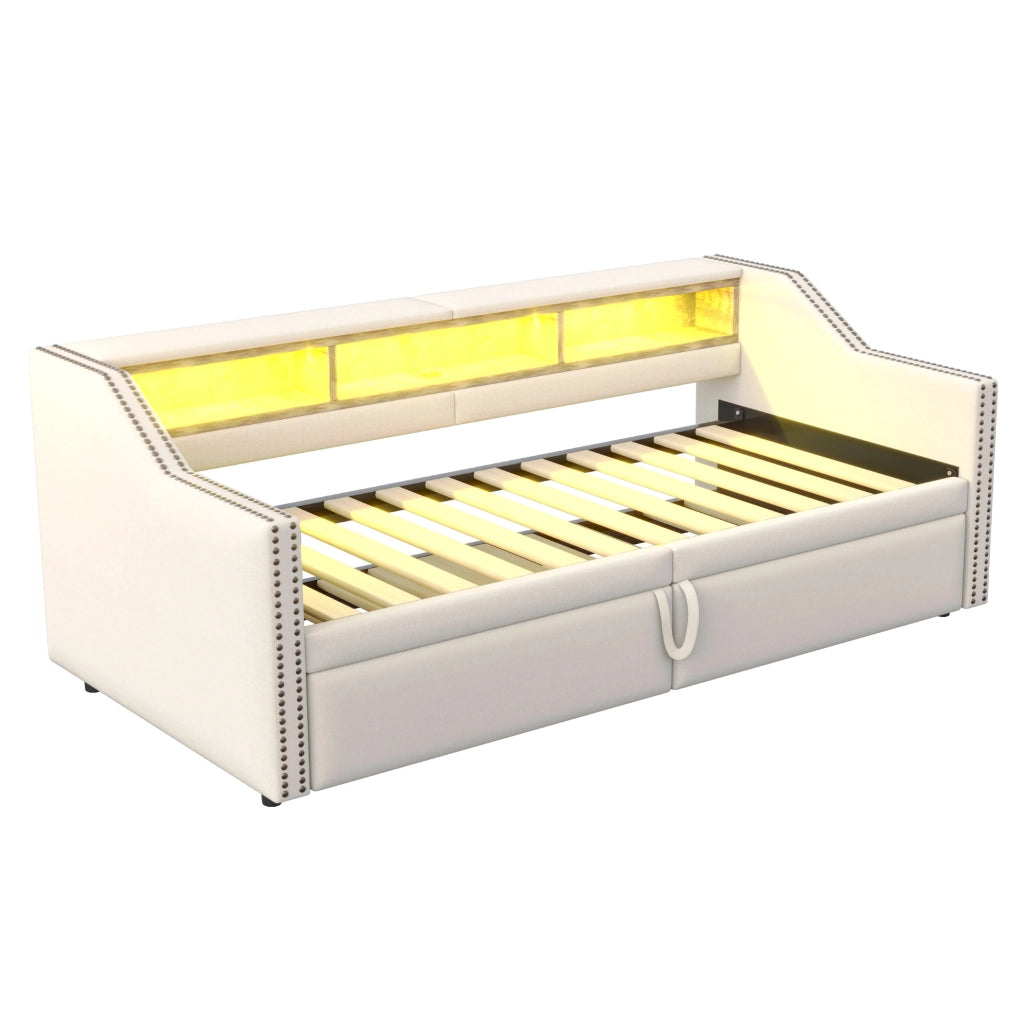 Divano letto estraibile 90/180x200 cm con vani laterali, LED e USB