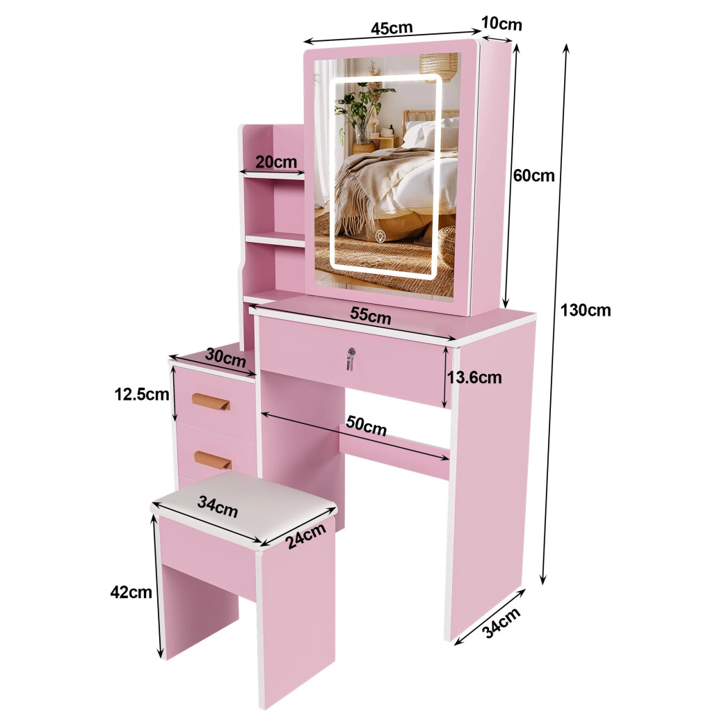 Tavolo da trucco con specchio LED; 4 cassetti; struttura in MDF; rosa; 85x130x36 cm